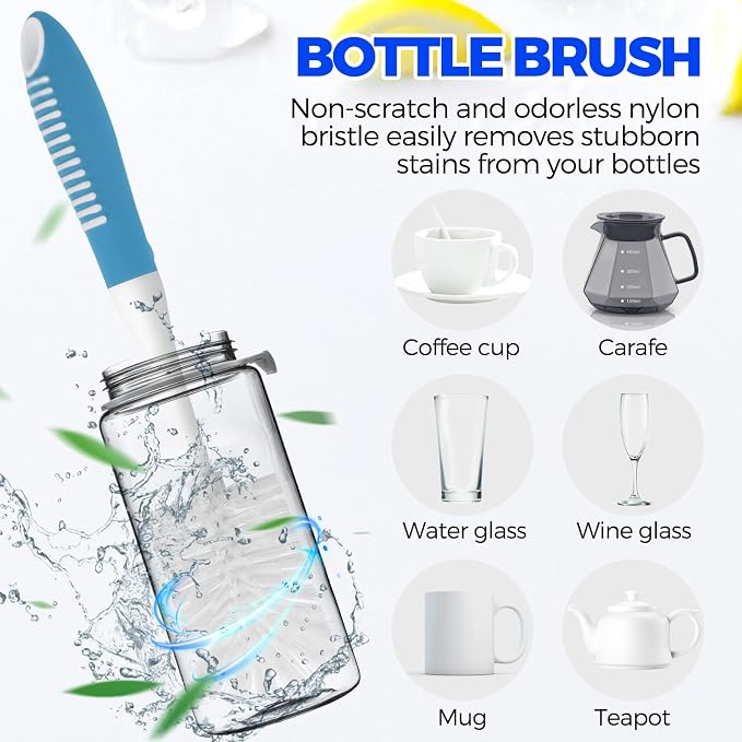 Holikme 6 Pack Dish Brush Set with Bottle Brush, Dish Scrub Brush,Blue | Pan Brush and 3 Straw Brushes, Deep Cleaning Handle Brush with Scraper Tip for Kitchen Sink Dishes Bottle Cup Pot and Pans