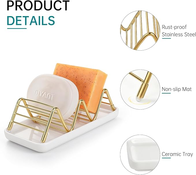 Stainless Steel Soap Dish Draining Soap Holder with Ceramic Tray, Gold | Reversible Design Fits 2-3 Bars, Rustproof, Easy to Clean, Space Saving, Non Slip, for Bathroom, Shower, Kitchen