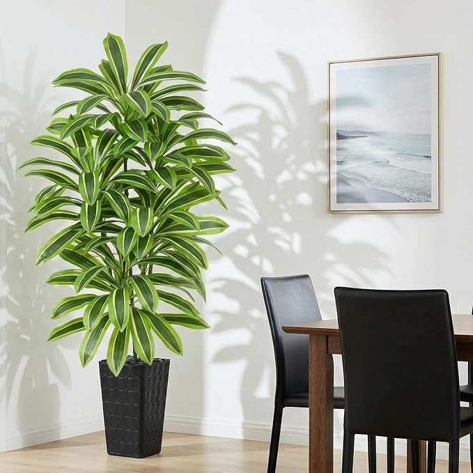 Artificial Yellow Dracaena Tree Indoor, 6FT Tall Fake Floor Plants with Black Planter & Pebbles, Faux Silk Yucca Tree for Home Office Living Room Bedroom Farmhouse Modern Outdoor Topiary Tree