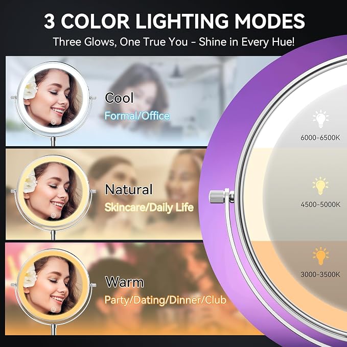 Auxmir 9" 5000mAh Magnifying Mirror, 1X/30X Lighted Makeup Mirror | rechargeable battery, 3 dimmable colors, 14.9-18.5" adjustable height, 360° rotation, stable base, 30X magnification