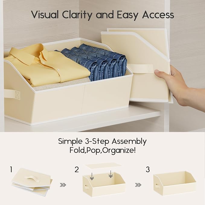 Large Closet Organizers and Storage Bins - 10 Pack Trapezoid Storage Baskets for Shelves, Foldable Fabric Basket with Handles Ideal for Closet, Basket, Wardrobe and Shelf Storage, Beige