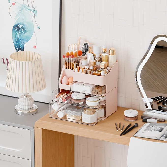 Pink Makeup Organizer Countertop With 4 Drawers,Large Cosmetics Storage Organizer for Brush,Hair Products,Plastic Makeup Holders and Beauty Skincare Organizers for Bathroom,Vanity,Dresser Top