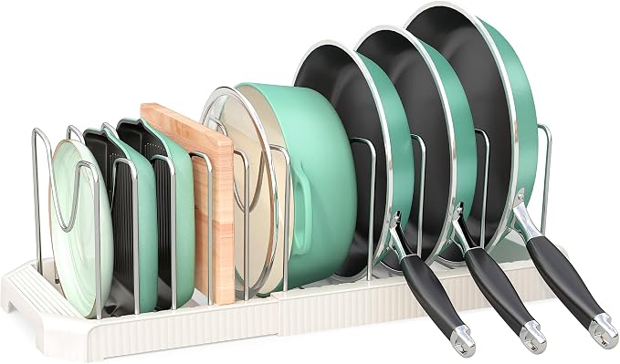 Expandable Pan Organizers Inside Cabinet with 10 Dividers White | Extends 12.9-21.9", Holds cookie sheets, cutting boards, pot lids and pans, iron dividers, plastic base, under cabinet rack
