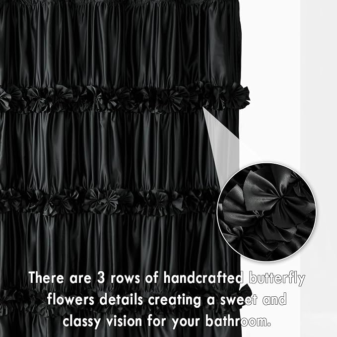 Black Handcrafted Bow Tie Shower Curtain 72" W x 72" H | Vintage Ruffle Bath Curtain for Master Bathroom, Ruched Satin Bathroom Curtain with 12 Buttonholes (LQ-10)