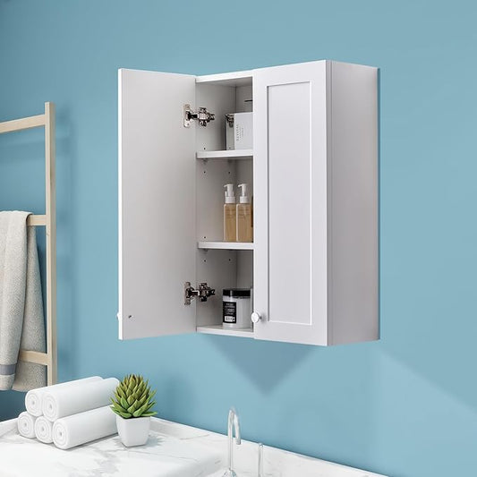VANIRROR White Wall Mount Cabinet, MDF Over the Toilet Storage Cabinet | Medicine Cabinet with Adjustable Shelves, Space Saver 2 Door for Bathroom Laundry Kitchen,19x 27 inch