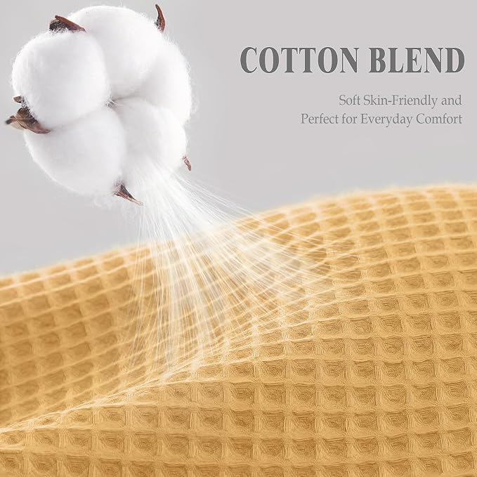 Waffle Weave Shower Curtain Heavyweight Cotton Fabric Gold 72Wx72L | Soft Cotton Cloth,3D Square Truely Waffle Washable, Hotel Luxury Spa, Shower Curtain Set for Bathroom 12 Plastic Hooks