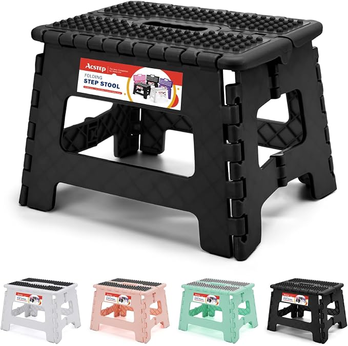 9 Inch Folding Step Stool 300 LB Capacity Non Slip Foot Stool with Handle Plastic Foldable Step Stools for Kids Stepping Stool for Bathroom Black Small Step Stool (1 PC Black) | Heavy Duty Foldable Stools, Lightweight, Holds 300 lb, for Toddler Kitchen...