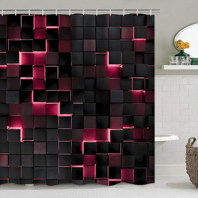 LQCOOL 4Pcs Pink Shower Curtain Set 3D Cubes Bathroom Sets Modern Shower Curtain Set for Bathroom Sets with Rugs Black and Pink Shower Curtain with 12 Hooks
