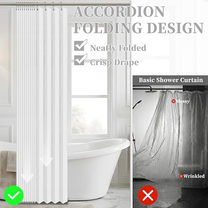 AJAZZ Magnetic Folding Shower Curtains Fabric Polyester Material Waterproof Shower Curtain Suitable for Family Hotel Homestay (White,72" W x 78" L) 1 Panel