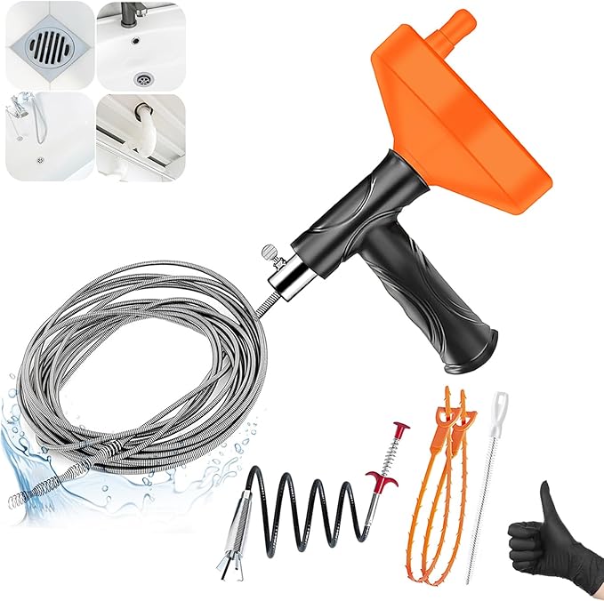 Drain Snake Auger, 33 FT Plumbing Snake Drain Hair Clog Removal Tool, Sink Unclogger Drain, Heavy Duty Snake Auger, Cleaner Tool for Bathroom Kitchen Tub Shower Drain Clog Remover with Gloves