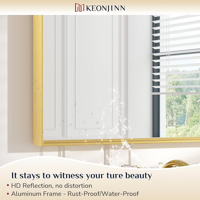 Keonjinn 72x36 Inch Gold Bathroom Mirror for Over Sink, HD Tempered Glass | Rectangular, Vanity Mirror, Brushed Framed, Square Corner, Modern Farmhouse, Wall Mounted Mirrors, Aluminum Alloy