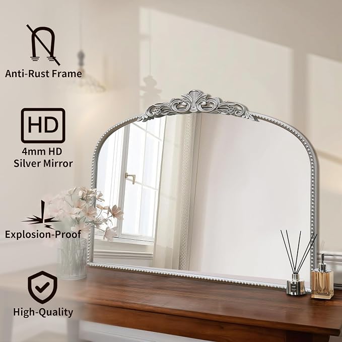 Micasso Vintage Silver Arched Mirror: 32"x24" Baroque Antique Vanity Mirror | Traditional Ornate French Decorative Wall Mirror for Bedroom/Bathroom/Entryway/Hallway/Dresser/Mantel/Nightstand/Over Sink
