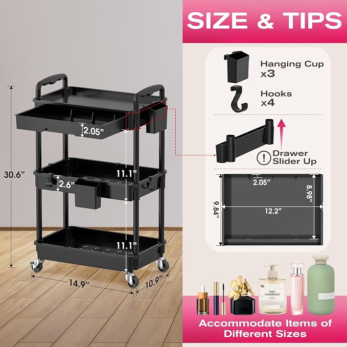 Goovilla Rolling Makeup Organizer Cart with Removable Drawer, 3 Tier Black | Stable Floor Skincare Storage Cart for Vanity, Cosmetic Display, Nail Polish, Perfume, Hair Stuff, Beauty, Bathroom(Plastic)