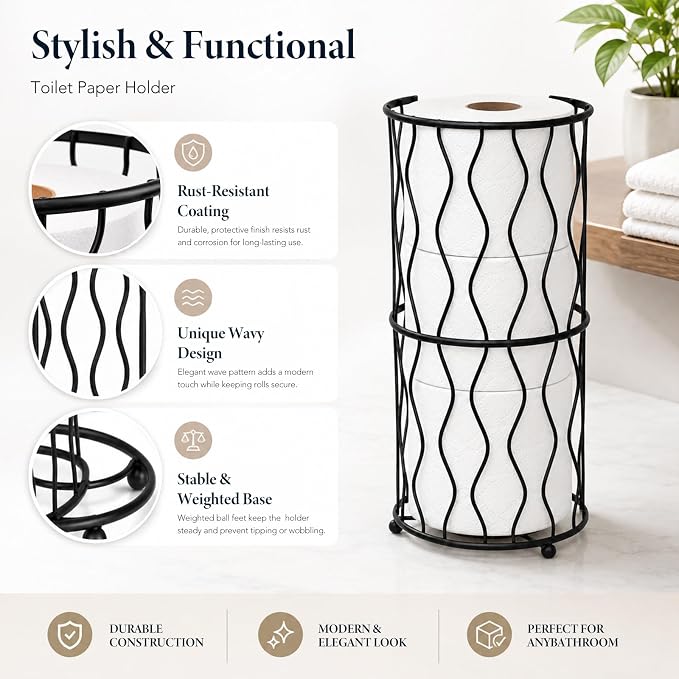 Modern Metal Freestanding Toilet Paper Roll Holder Stand and Dispenser with Storage for 3 Rolls of Reserve Toilet Tissue - for Bathroom Storage Organizing - Holds Mega Rolls (Matte Black)