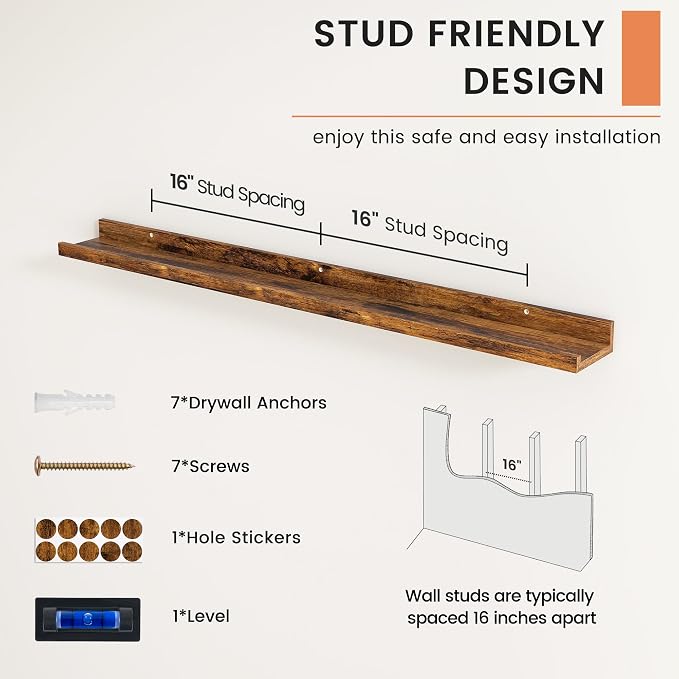 Picture Ledge Shelf, Floating Shelves Set of 2, 44 Inches Nursery Book Shelves for Toys Storage, Kids Bookshelf Wall Mounted for Living Room Bedroom Decor Books Photo Frames, Rustic Brown