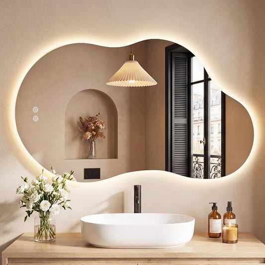 24" x 36" Irregular Backlit Bathroom Mirror, Anti-Fog | Tempered Glass, Cloud Shape, 3 Color Lighting, Stepless Dimming, Memory Function, HD Reflection, Wall Mounted