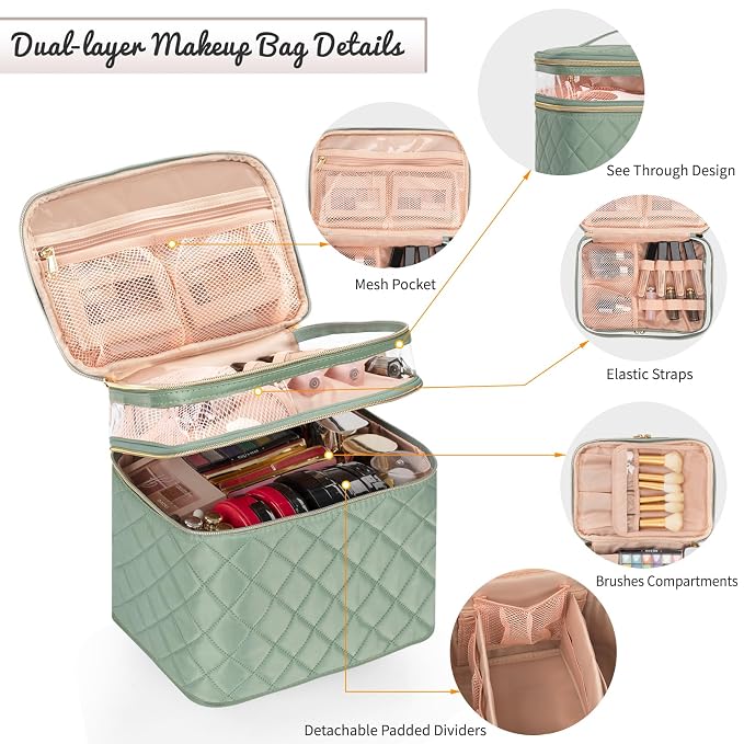 Large Makeup Bag, Double Layer Makeup Bag, Vertical Storage Cosmetic Case for Women/Girls with Multiple Compartments-Green