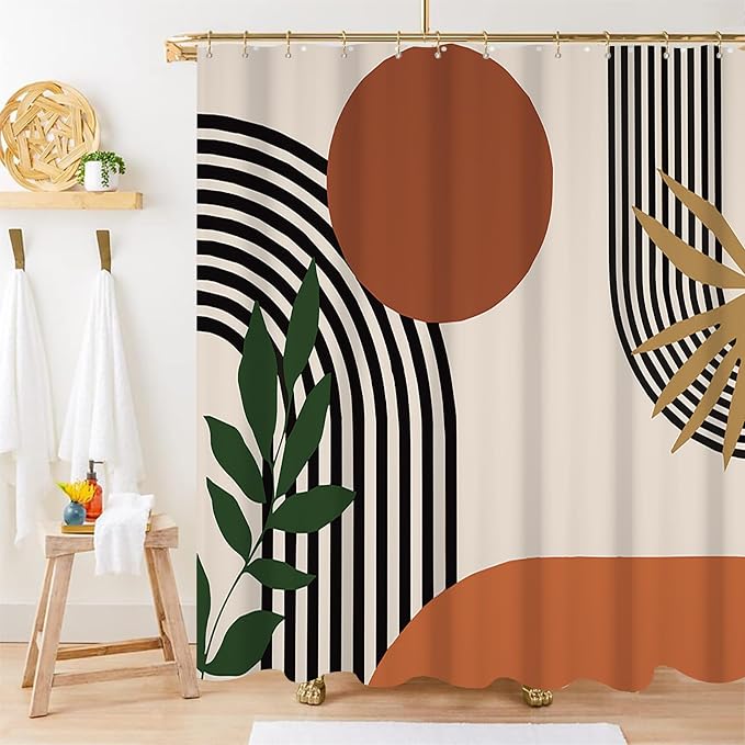 Mid Century Boho Shower Curtain with Hooks for Bathroom 72x96 Inch | Waterproof Abstract Sun Leaves and Arch Shower Curtain Set, Soft Terracotta Bathroom Decor
