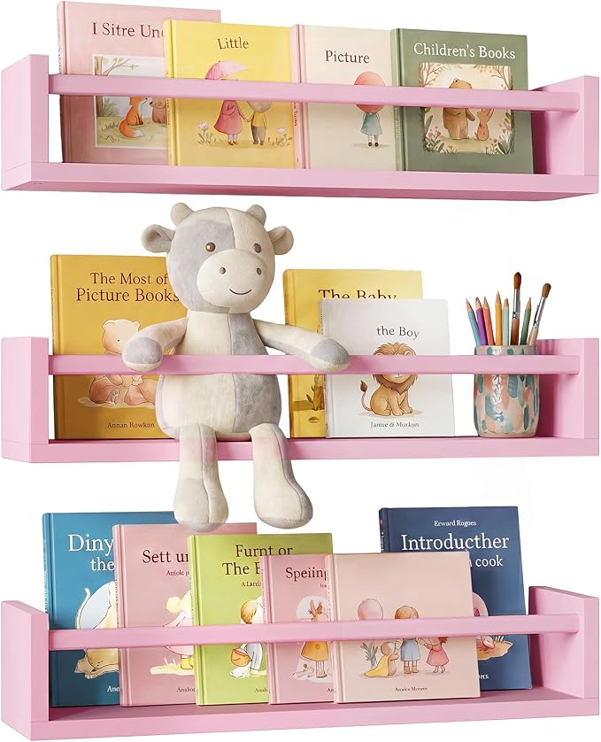 Fixwal Floating Nursery Book Shelves for Wall, 16.5in, Set of 3, Pink | Solid wood shelves store kids' books, toys and clothing. Fits kids' room, playroom, nursery, living room, bedroom & bathroom.