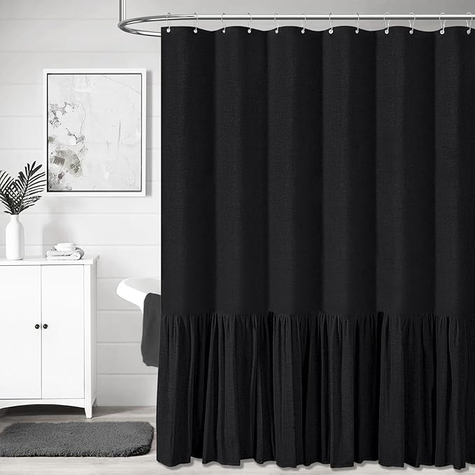 Stall Linen Ruffle Modern Farmhouse Cloth Shower Curtain, 60x72, Black | Ruffle Hem, Heavy Duty Fabric, 10 Hooks, Elegant Drape, Shabby Chic Style, Bathroom Decor, Machine Washable, Easy To Install
