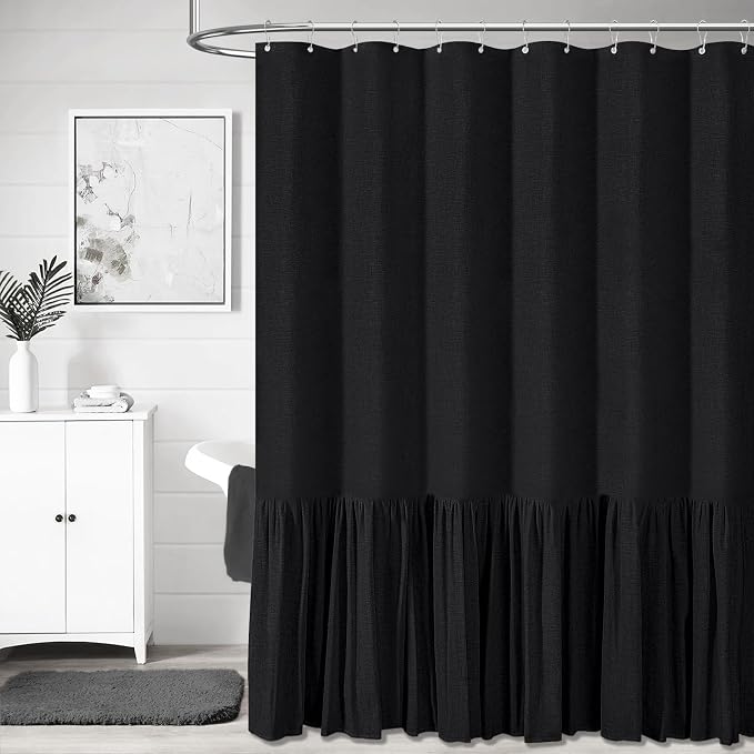 Extra Long Linen Ruffle Farmhouse Cloth Shower Curtain, 72x84, Black | Ruffle Hem, Heavy Duty Fabric, 12 Hooks, Elegant Drape, Shabby Chic Style, Bathroom Decor, Machine Washable, Easy To Install