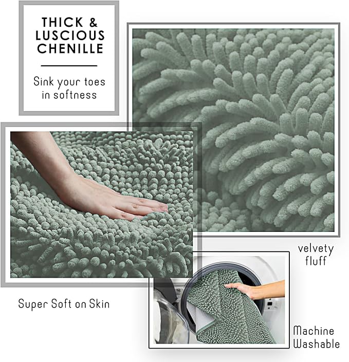 Hearth & Harbor Bathroom Rugs, Chenille Bath Mat - Machine Washable Bath Mats for Bathroom Non-Slip Backing Rubber, Quick Dry Bathroom Mat, 17 x 24 + 20 x 32 - Ice Green