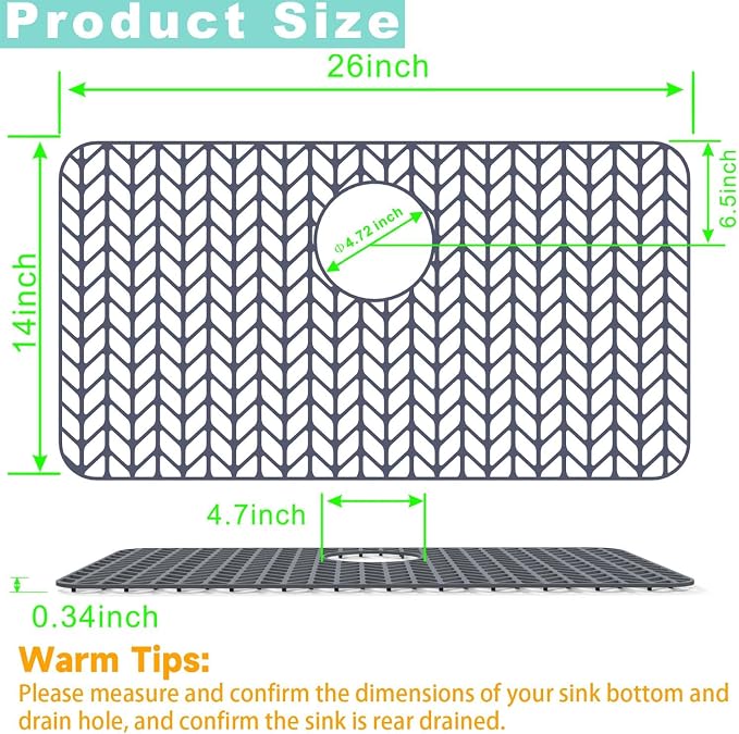 AWOKE Silicone Sink Protectors for Kitchen Sink, 26''x 14'' Folding Non-slip Sink Mat Grid, for Bottom of Farmhouse Stainless Steel Porcelain Sink with Rear Drain (Grey)
