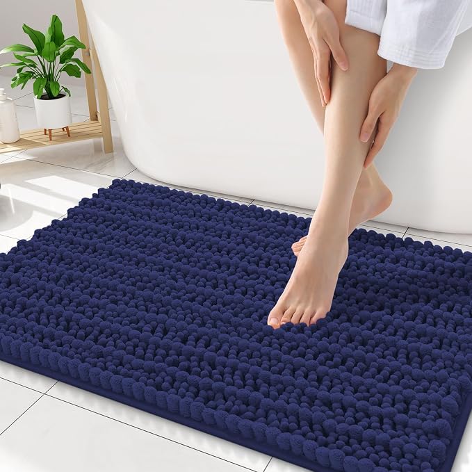 Smiry Bathroom Rugs 34X21, Extra Soft Rubber Backing Chenille Bath Mats | Deep Blue Machine Washable Non Slip Quick Dry Bath Mats for Bathroom Floor, Tub, Shower, Home Decor Accessories