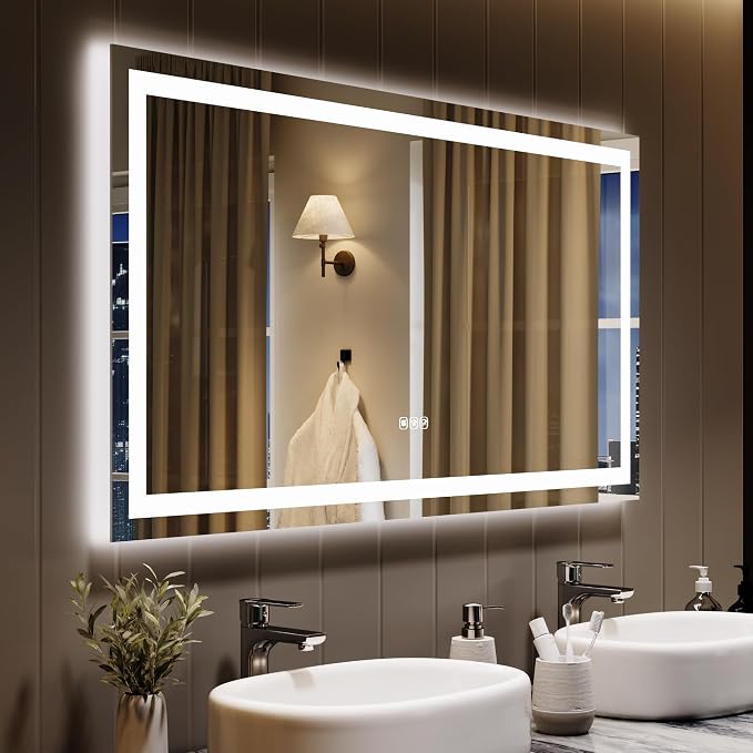 Large LED Bathroom Mirror 60x36 Inch - Frontlit & Backlit Frameless Wall Vanity Mirror with Stepless Dimming, Adjustable Color Temp, Anti-Fog Defogger, Smart Memory & 3X Suction Mirror, Sha