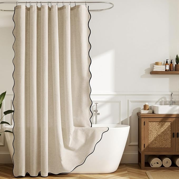 MIULEE 96" Long Beige Scalloped Linen Shower Curtain 72W x 96L | 12 metal hooks, Linen scalloped, waterproof washable, thick heavy cloth, black border, boho farmhouse, bathroom hotel use