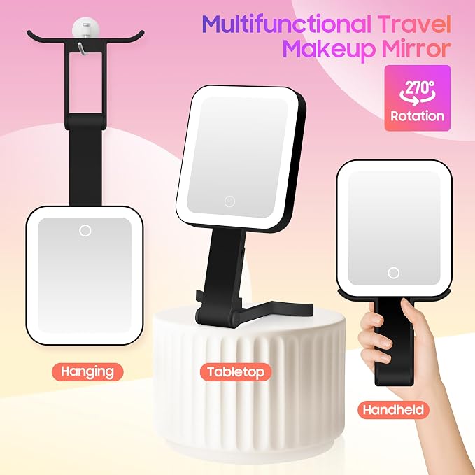 Magnifying Travel Mirror with Light, 30X/1X Double-Sided Magnifying Mirror with 3 Color Lights, Brightness Adjustable, Foldable Handheld Makeup Mirrors Portable for Travel and Desktop, Black