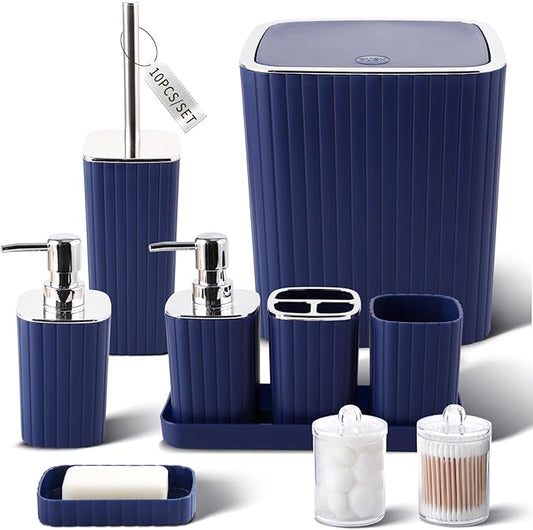 XLHOMO Navy Blue Bathroom Accessories Set - Gorgeous Bathroom Set, 10PC Bathroom Accessory Set, Toilet Brush, Trash Can, Qtip Holder & Soap Dispenser