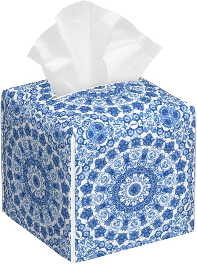 Boho Mandala Flower Tissue Box Cover Square, Blue and White Porcelain Floral Tissue Box Holder Waterproof Leather Facial Paper Organizer Dispenser for Bathroom Home Car Nightstand Vanity Desk