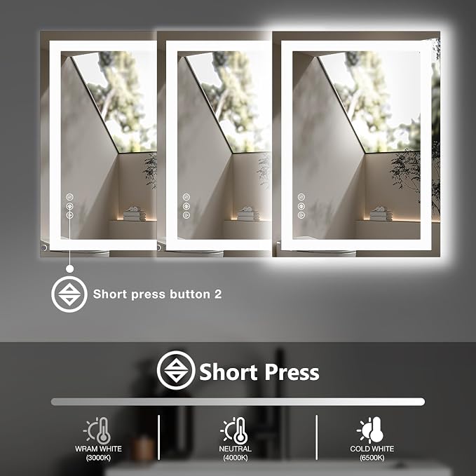 NEWBULIG 28"x36" Smart Anti-Fog LED Bathroom Mirror with Front Light & Backlit, 3 Color Modes, Dimmable, Memory Function, Wall-Mounted Modern Rectangular Vanity Mirror, White