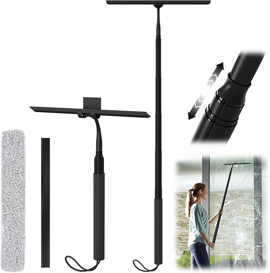 Shower Squeegee for Glass Doors, Telescopic Squeegee for Window Cleaning | 15-51" Shower Squeegee with Long Handle, Extendable Window Cleaner Tool for Tile Walls, Sliding Door, Floor, Car Windshield
