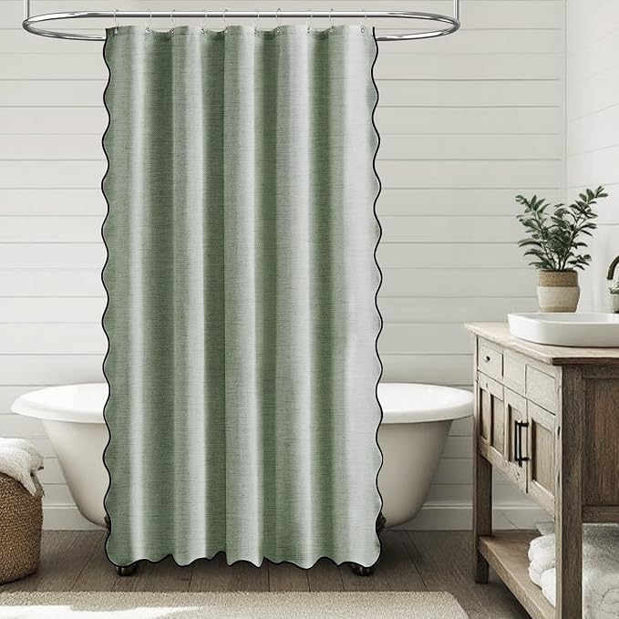 60x72 Boho Scalloped Linen Textured Cloth Shower Curtain, Sage Green | Narrow Size, 230GSM Waterproof Polyester, Heavy Duty Fabric, 10 Plastic Hooks, Chic Modern Farmhouse Style, Machine Washable