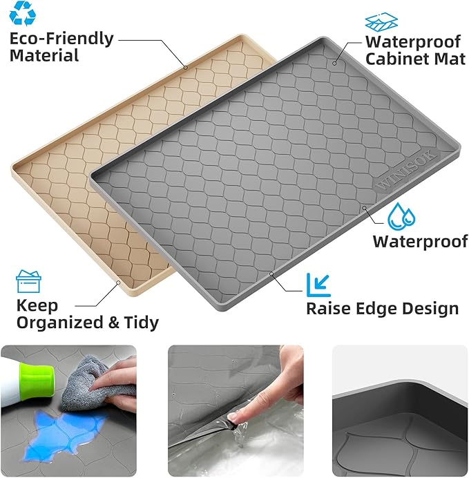 Winisok Waterproof Under Sink Mat 25" x 19", Silicone Mat, Beige | Raised Edge Traps Spills & Leaks, Shelf Liner, Cabinet Protector, for Kitchen, Bathroom, Boots, Pets, Home Essentials