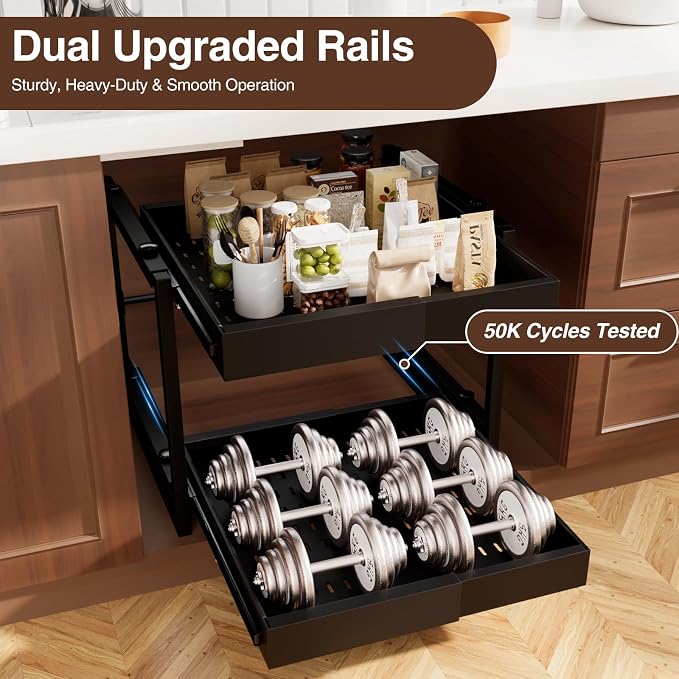 2-Tier Expandable Pull Out Cabinet Organizer, Heavy Duty Adjustable Width Metal Slide Out Shelf, No Screw Cabinet Storage Rack for Kitchen Bathroom 17in Depth Cabinet（Black）