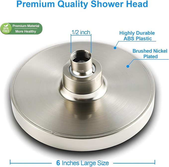 6" High Pressure Rain Shower Head, Luxury Brushed Nickel Finish | 6 Inch Fixed Bathroom Showerhead, Adjustable Replacement, 90 Anti-Clog Nozzles, Removable Restrictor, Tool-Free Easy Install