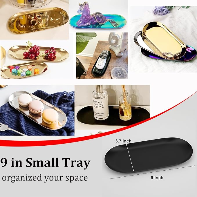 Fermus Stainless Steel Decorative Tray, Set of 2, 9 Inch Long, Jewelry Dish Cosmetics Organizer Bathroom Clutter Serving Platter Small Storage Tray, Oval, Matte Black