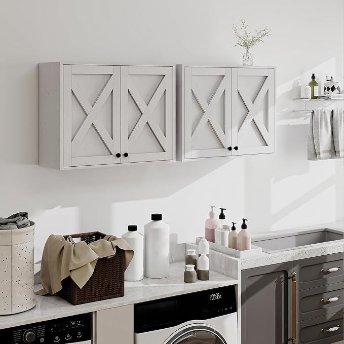 YOURLITE Laundry Cabinet, Medicine Cabinet, Bathroom Kitchen Storage Wall Mounted Farmhouse Organizer with Shelves Over Toilet, One Set of 2 Pieces X 24", White