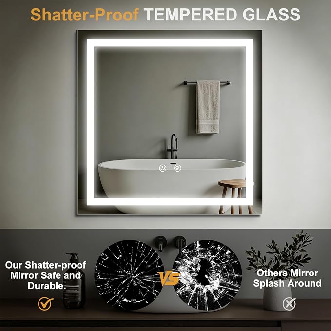 28"X28" LED Bathroom Mirror with Lights, Lighted Bathroom Vanity Mirror for Wall, 3 Colors, Dimmable, Anti-Fog, HD Tempered Glass(Front Lit)