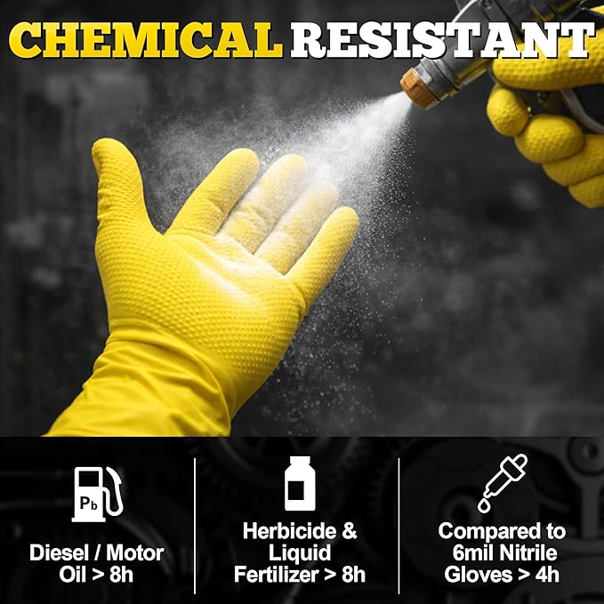 Heavy Duty Industrial Nitrile Gloves with Raised Diamond Texture, 8-mil, Latex Free (Green/Dark Green/Yellow)