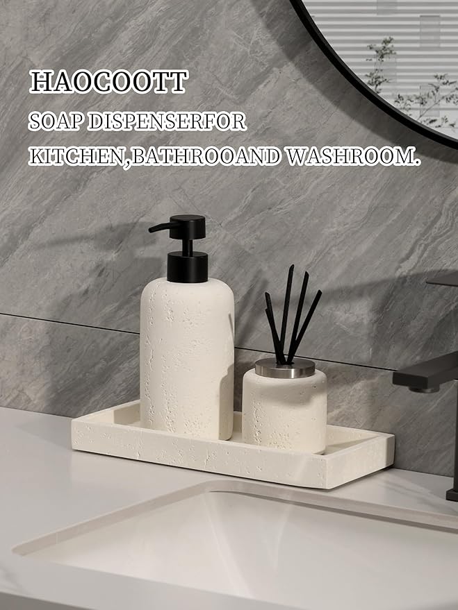 2 PCS Hand Soap Dispenser Set, 13.53 OZ, Cream, Faux Travertine | Luxurious,Dish Soap,Lotion,Shampoo and Conditioner Dispenser,Refillable,Rustproof Pump,For Bathroom Countertop Kitchen