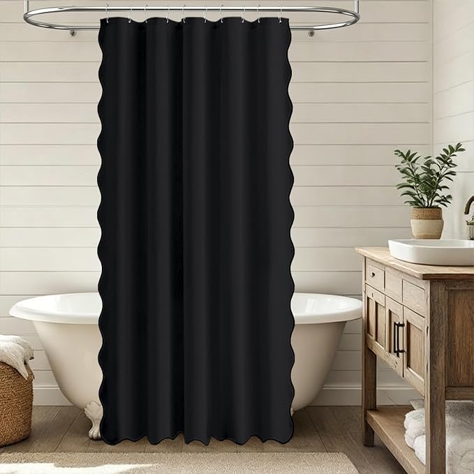 54x78 Boho Scalloped Linen Textured Cloth Shower Curtain Set, Black | Narrow Long Size, 230GSM Waterproof Polyester, Heavy Duty Fabric, 10 Plastic Hooks, Elegant Farmhouse Style, Machine Washable