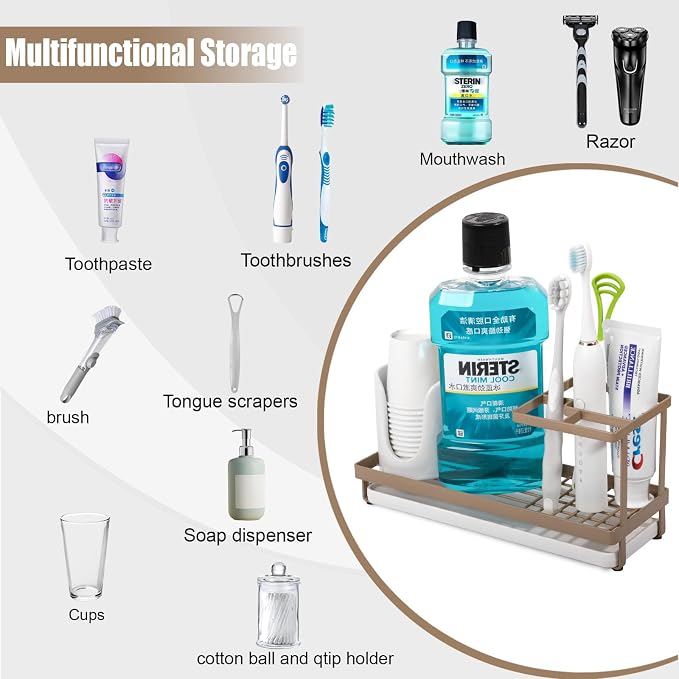 Toothbrush Holders Toothpaste Organizer Bathroom Accessories, Gold | Carbon Steel, 4 Slots, Removable Drip Tray, Easy to Clean, Electric Toothbrush Storage, for Countertop, Shower, Sink