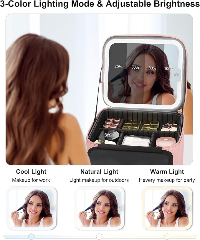 Relavel Makeup Bag with LED Mirror, Small Travel Makeup Case, Pink | Double Layer Cosmetic Box with Handle, Waterproof Make Up Storage, Rechargeable Led Mirror, Removable Dividers