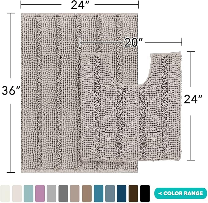 Turquoize Chenille Bathroom Rugs Set Non-Slip Bath Mats for Bathroom Super Absorbent Shaggy Rugs for Tub Shower Toilet Plush Bath Rug Plus U Contour Rug (Oversized: 24" x 36" and 20" x 24" U), Taupe