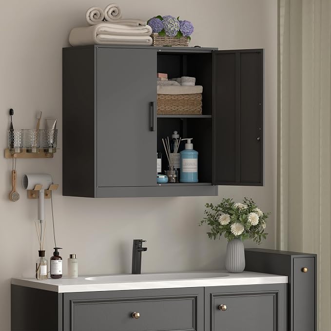 Metal Wall Cabinet,Garage Cabinet with Handle,Lockable Storage Cabinets Wall Mounted with 2 Doors,Locking Cabinet with Shelves for Basement,Office,Living Home,Black
