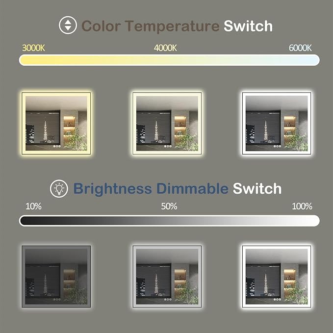 36x36 Inch LED Bathroom Mirror with Black Frame | Black Metal Frame, Front and Backlit, 3 Colors, Dimmable, Memory, Anti Fog, Tempered Glass, Lighted Mirror for Wall
